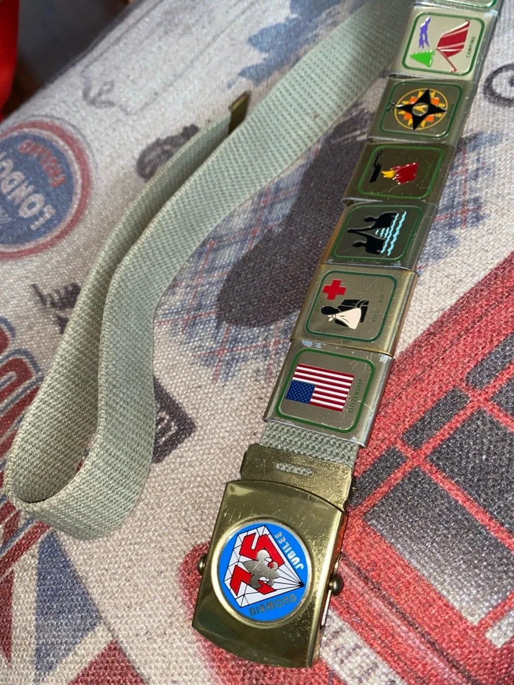 Rare 75th BOY SCOUT BSA Scout Belt W/ 8 Merit Badges Adventure Loop Slides 33”